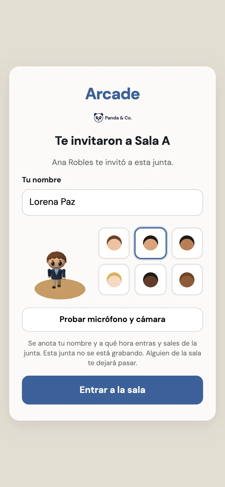 On a phone, the invitation to Room A: the guest’s name, their avatar and the button to test mic and camera.