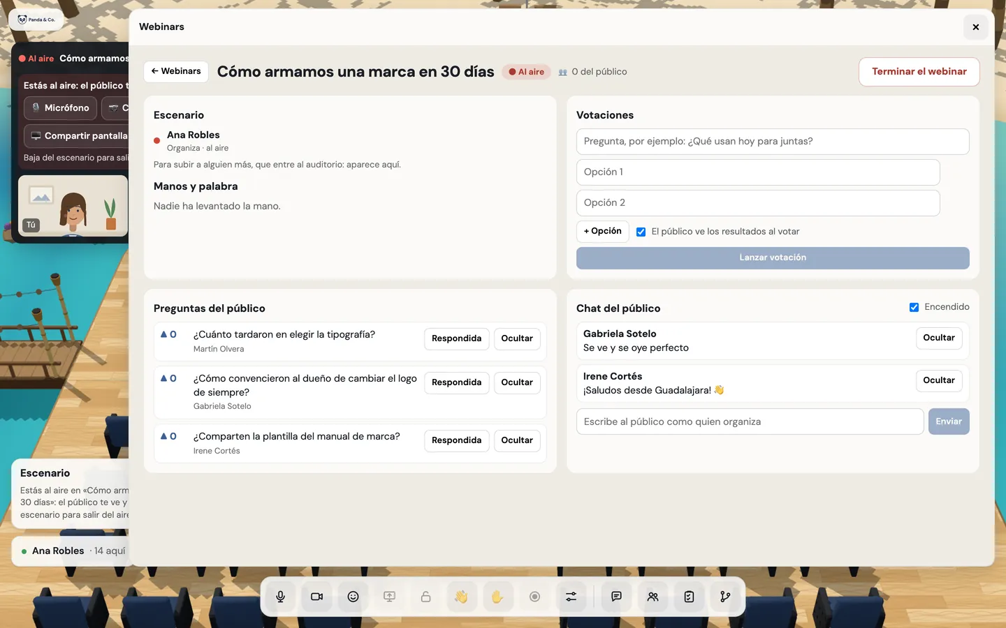 The screen for hosting a live webinar: stage, polls, audience questions and chat.