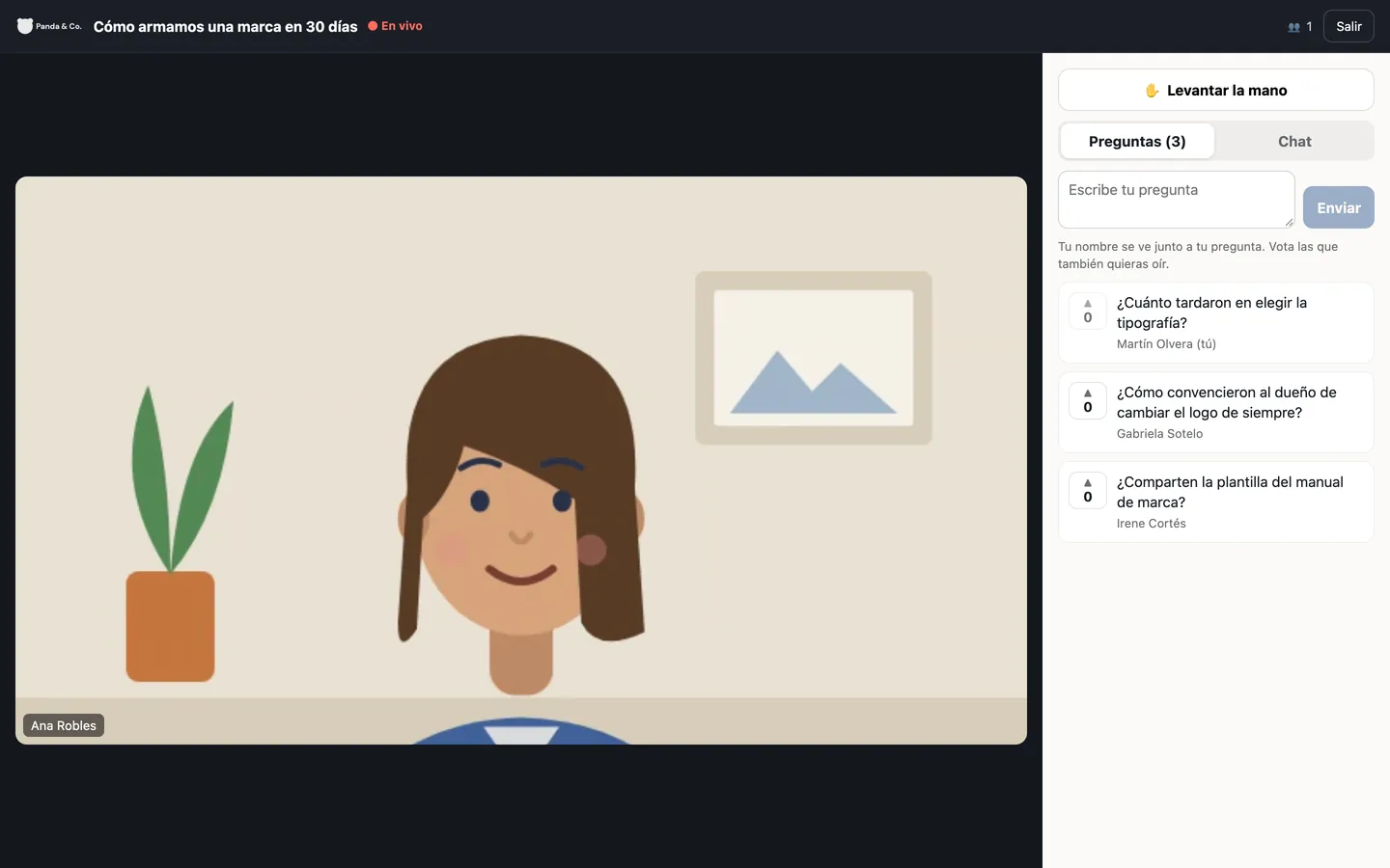 What the audience sees: the speaker up big and, beside her, the questions to upvote.